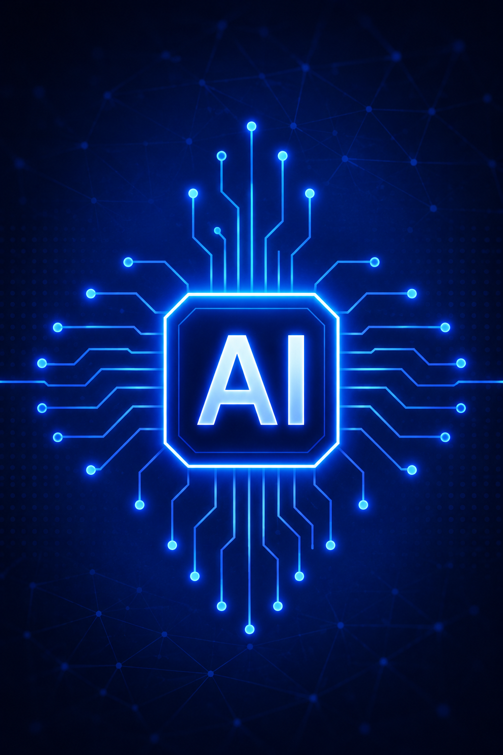 Glowing AI chip on a dark blue circuit-board background