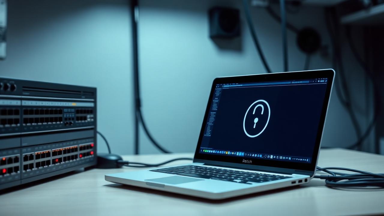 Small business back office with a network switch and a locked laptop screen