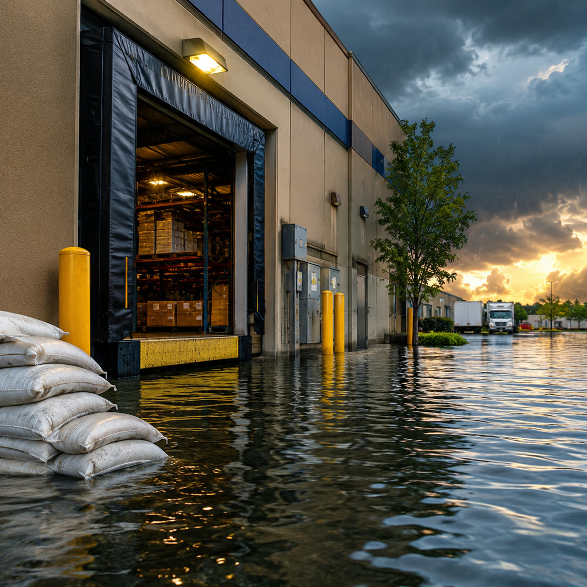 Standing rainwater across a commercial loading yard beside a sandbagged door