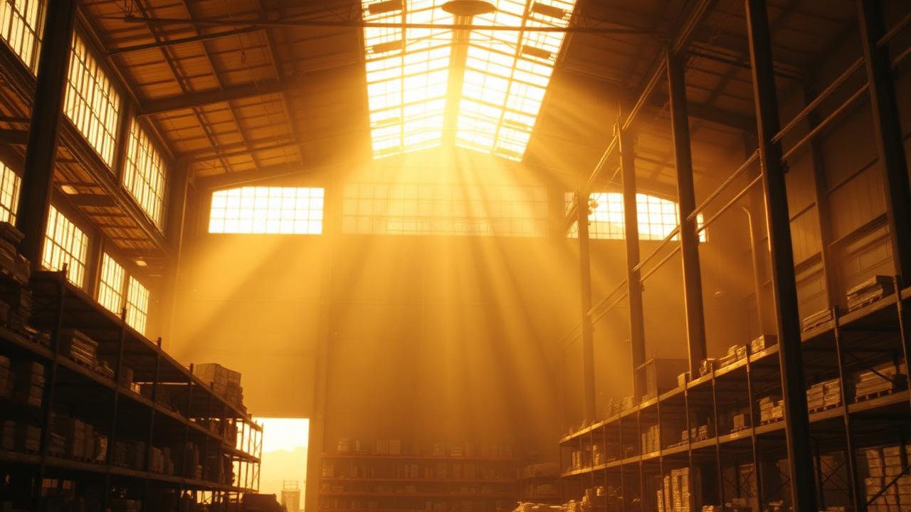 Warehouse interior filled with strong summer sunlight and heat haze