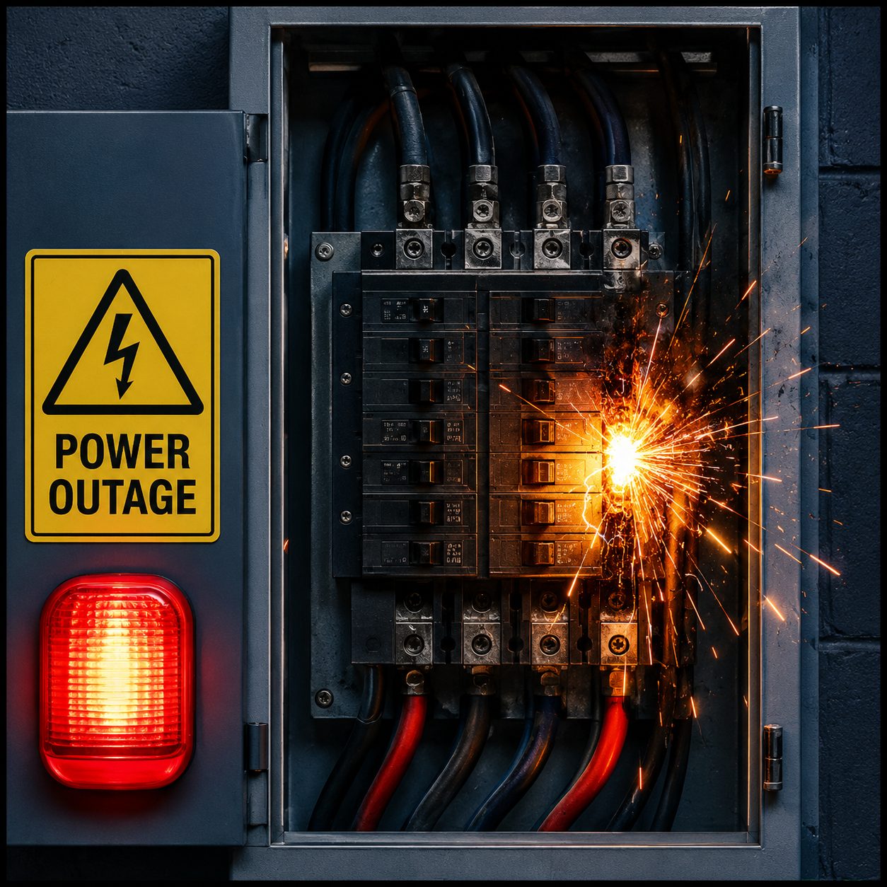 Open electrical panel with sparking breakers beside a Power Outage warning sign and red alarm beacon